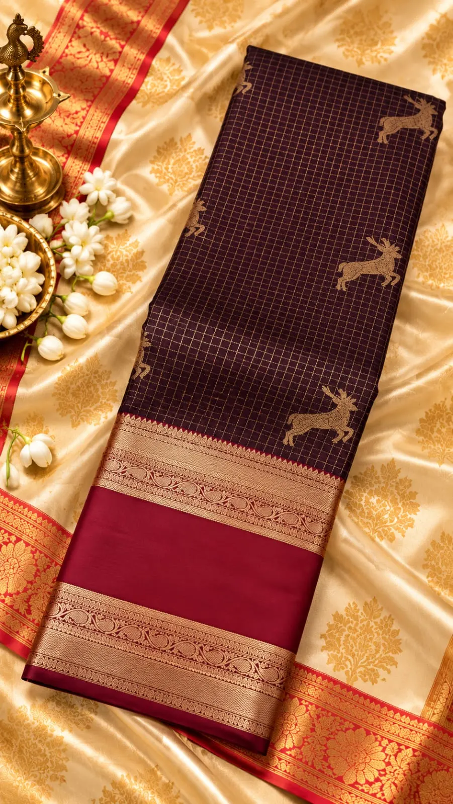 Deer Buttas Checked Antique Gold Zari Semi Kanchipuram Silk Saree